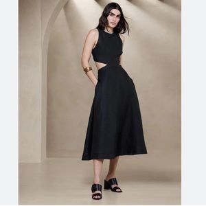 BANANA REPUBLIC LINA LINEN CUTOUT MIDI DRESS SIZE 8 BLACK NWOT #632597
